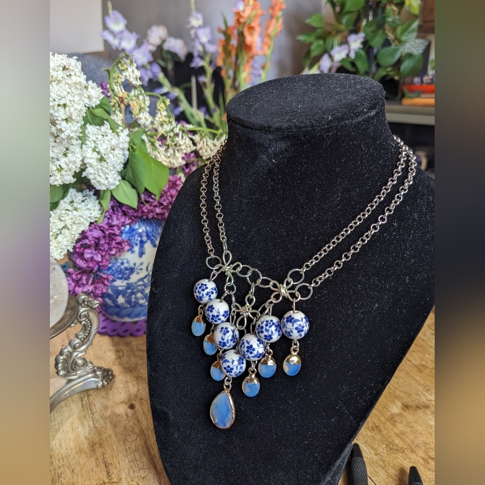 Elegant Blue and White Beaded Necklace